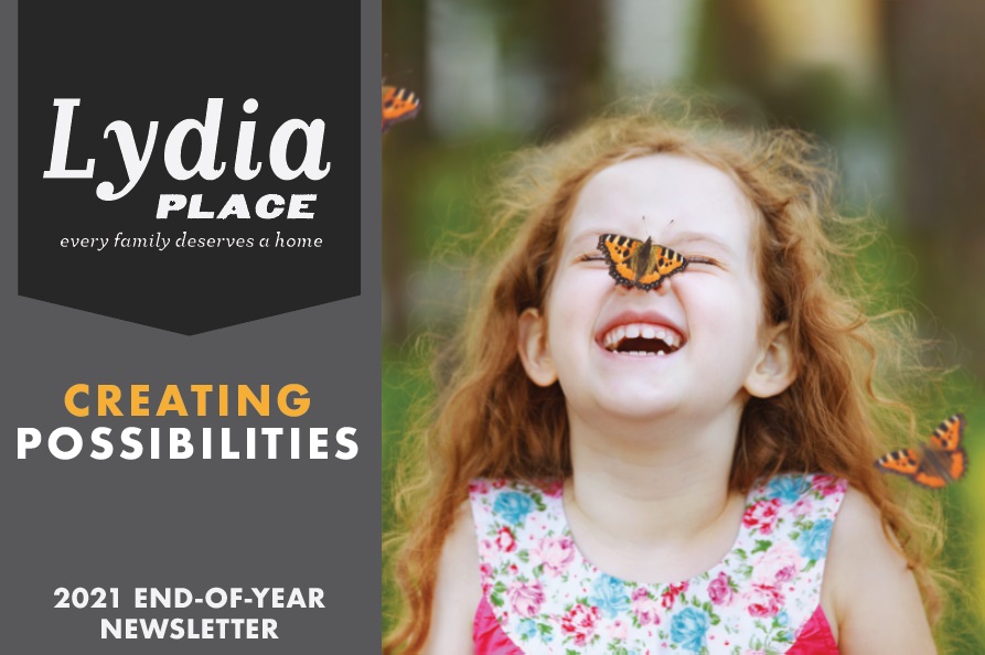 Girl With Butterfly. Lydia Place Logo on Right